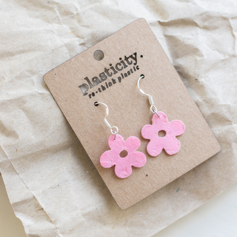 Upcycled daisy dangle 925 Sterling Silver Earrings | Light Pink