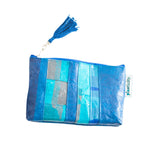 Water-resistant upcycled plastic clutch bag | Blue collage